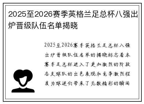 2025至2026赛季英格兰足总杯八强出炉晋级队伍名单揭晓 2025至2026赛季英格兰足总杯八强出炉晋级队伍名单揭晓