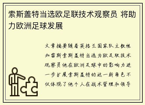 索斯盖特当选欧足联技术观察员 将助力欧洲足球发展 索斯盖特当选欧足联技术观察员 将助力欧洲足球发展